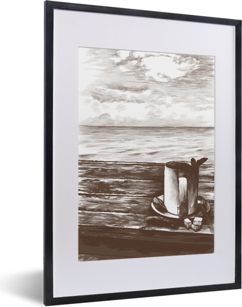 MuchoWow MuchoWow Gerahmtes Poster Becher - Tee - Meer 30x40 cm - Poster mit zchwarzem Bilderrahmen - Wandposter Schlafzimmer