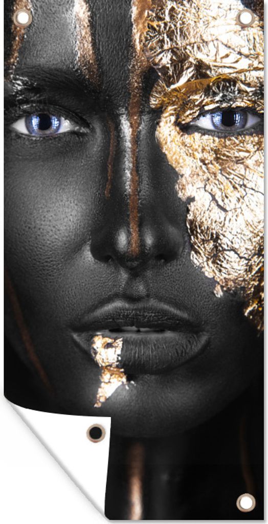 MuchoWow 40x80 cm Outdoor-Poster Gartendeko Sichtschutz Garten Poster für den Garten Frau - Blattgold - Schwarz - Gold - Luxus