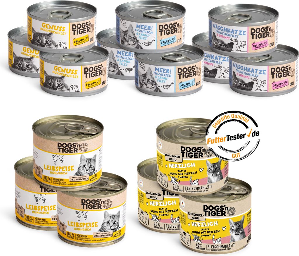 Dogs’n Tiger Adult Katzenfutter, Nassfutter, Getreidefrei, Mixpaket Top of the tops! Tiger, Thunfisch, Lachs, Shrimps & Huhn, 15 tlg.- Set