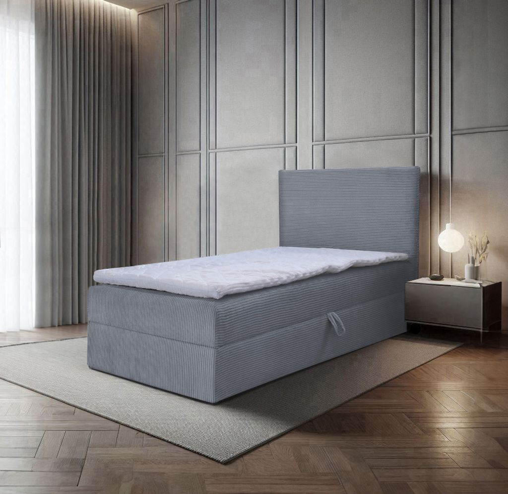 Bett, Boxspringbett, Continentalbett BERG POSO MINI mit Bonell Matratze, Einzelbett mit Container, H3 (100x200 cm, Grau - Poso 110, Topper Visco)