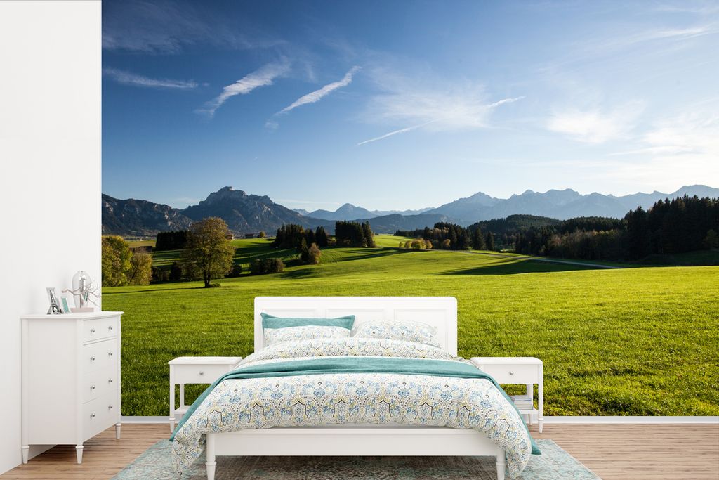 MuchoWow Fototapete für Wohnzimmer oder Schlafzimmer Wandtapete Vinyl Motivtapete Alpen - Gras - Bäume - 330x220 cm - Fototapeten