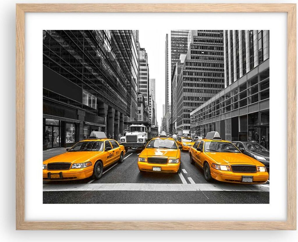 Gerahmtes Poster - Rahmen in heller Eiche - Taxi Stadt Straße Transport - 50x40 cm - Wand Bild - Wanddeko - Wandbilder - Wandposter - Bilderrahmen...