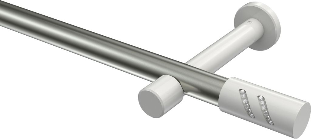 Interdeco Gardinenstange / Vorhangstange Edelstahl-Optik / Weiß, Typ Prestige Zoena (Glitzerzylinder) ohne Ringe, 20 mm Ø 1-läufig, 400 cm