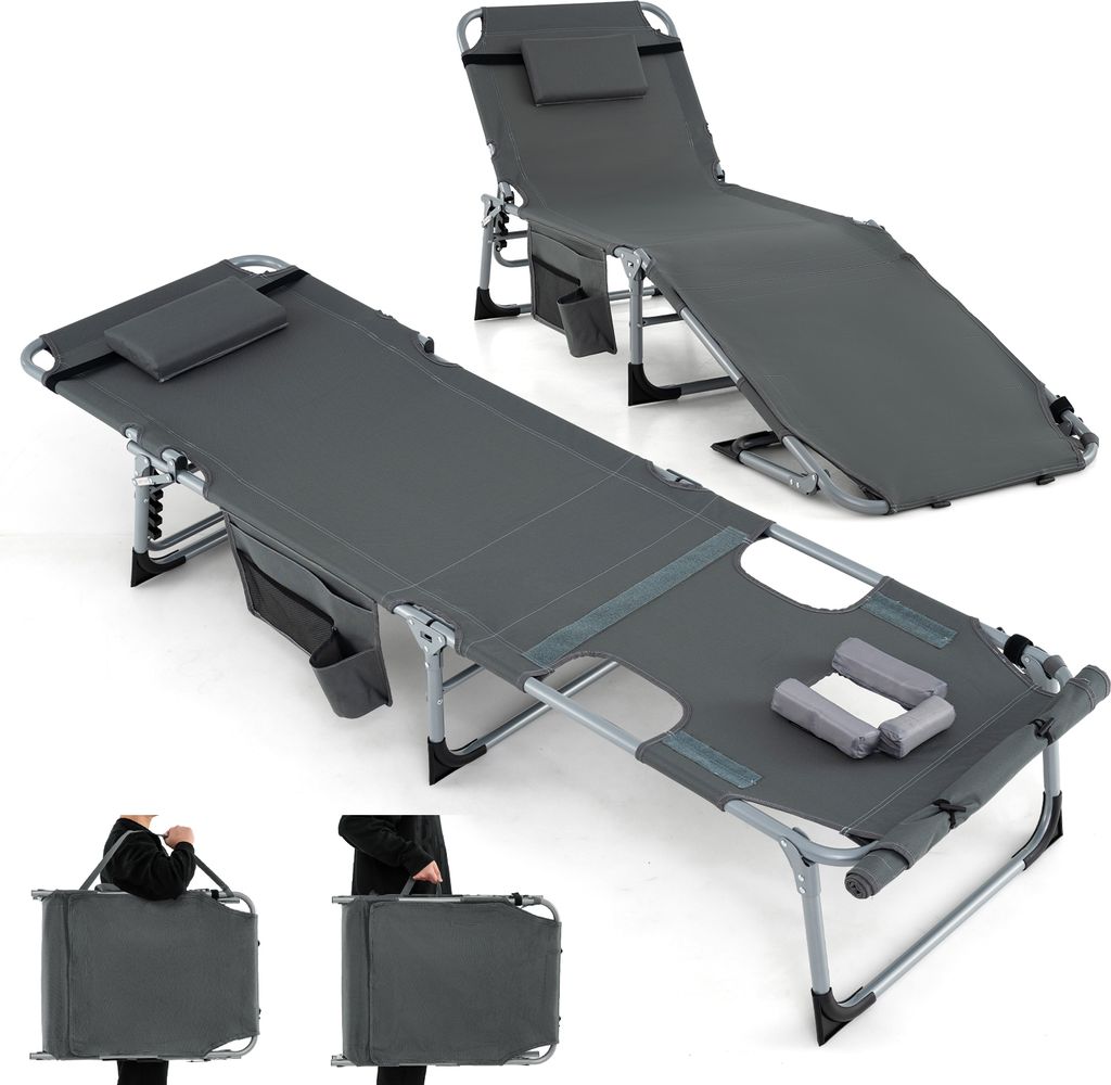 Two gray folding lounge chairs are displayed against a white background. One is fully extended, and the other is shown folded and being carried.