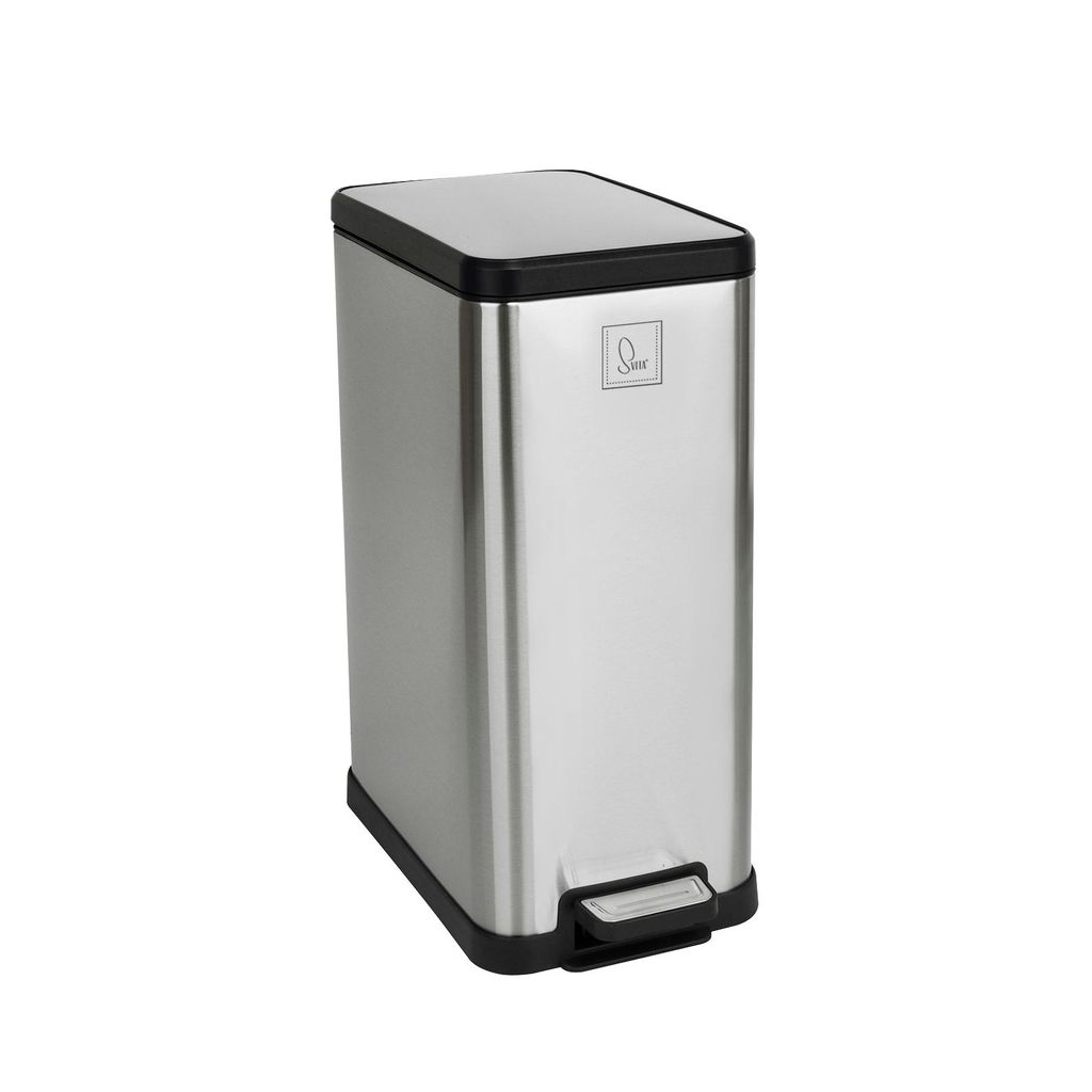 A silver trash can with a black lid and pedal, shown against a white background.