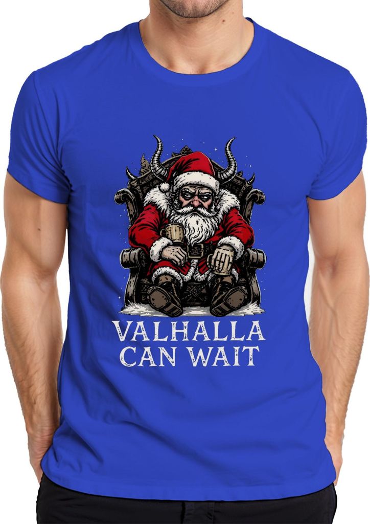 Valhalla Can Wait Wikinger Weihnachtsmann Bart Thron Bier Retro Herren T-Shirt, Blau, M