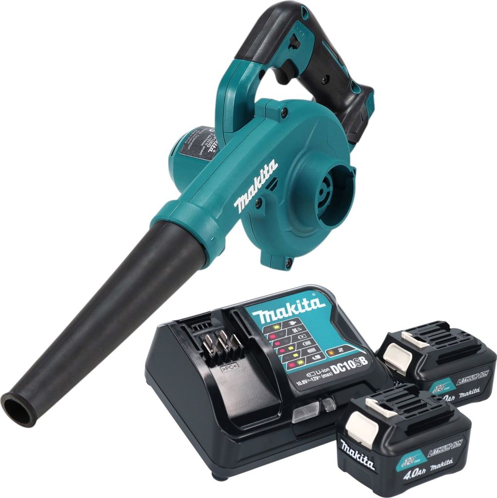 A cordless leaf blower with two batteries and a charger, displayed against a white background.