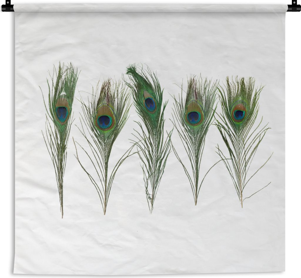 MuchoWow Wandteppich Wandbehang Pfauenfedern - Weiß - Grün 150x150 cm Tapisserie Dekoration Wandtuch - Wohnaccessoires - Modernes