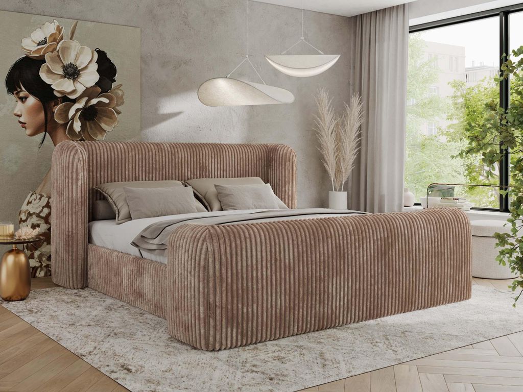 MKS MEBLE Doppelbett Polsterbett mit Lattenrost 160x200 EMORA CLASSIC DUO Bett mit Kopfteil Multipocket Matratze ELORI LUX Braun Cord