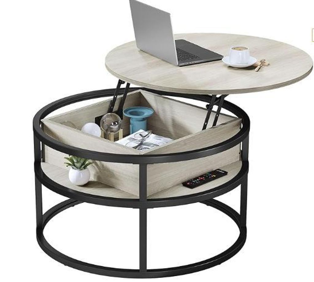 2 in 1 Couchtisch Rund mit Hebeplatte,Höhenverstellbarer Beistelltisch mit Verstecktem Stauraum,Klein Wohnzimmertisch Kaffeetisch für Wohnzimmer,...