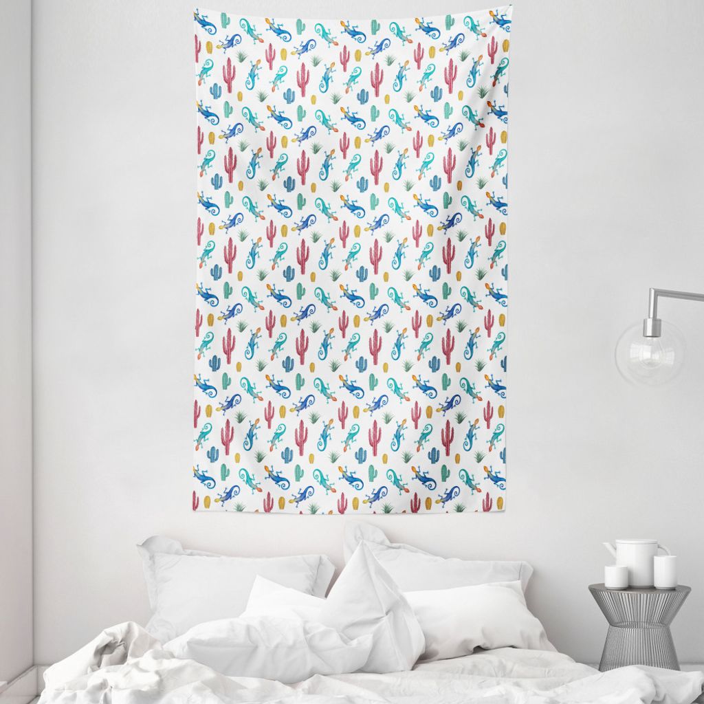 ABAKUHAUS Gecko Wandteppich und Tagesdecke, Lizards Cactuses Muster aus Weiches Mikrofaser Stoff Waschbar ohne Verblassen Digitaldruck, 140 x 230 c...