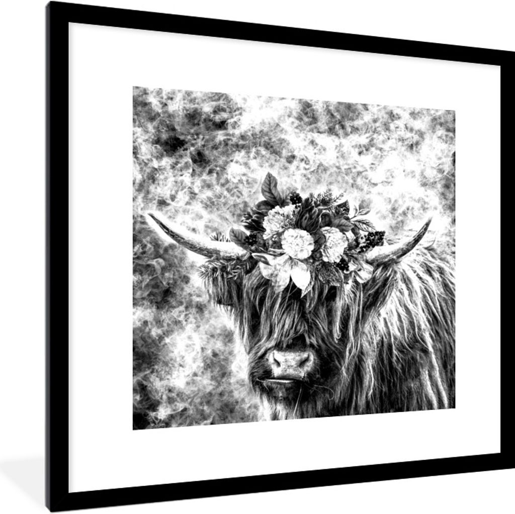 MuchoWow Gerahmtes Poster Schottischer Highlander - Tiere - Blumen - Schwarz - Weiß 40x40 cm - Poster mit Schwarzem Bilderrahmen Wandposter Rahm...