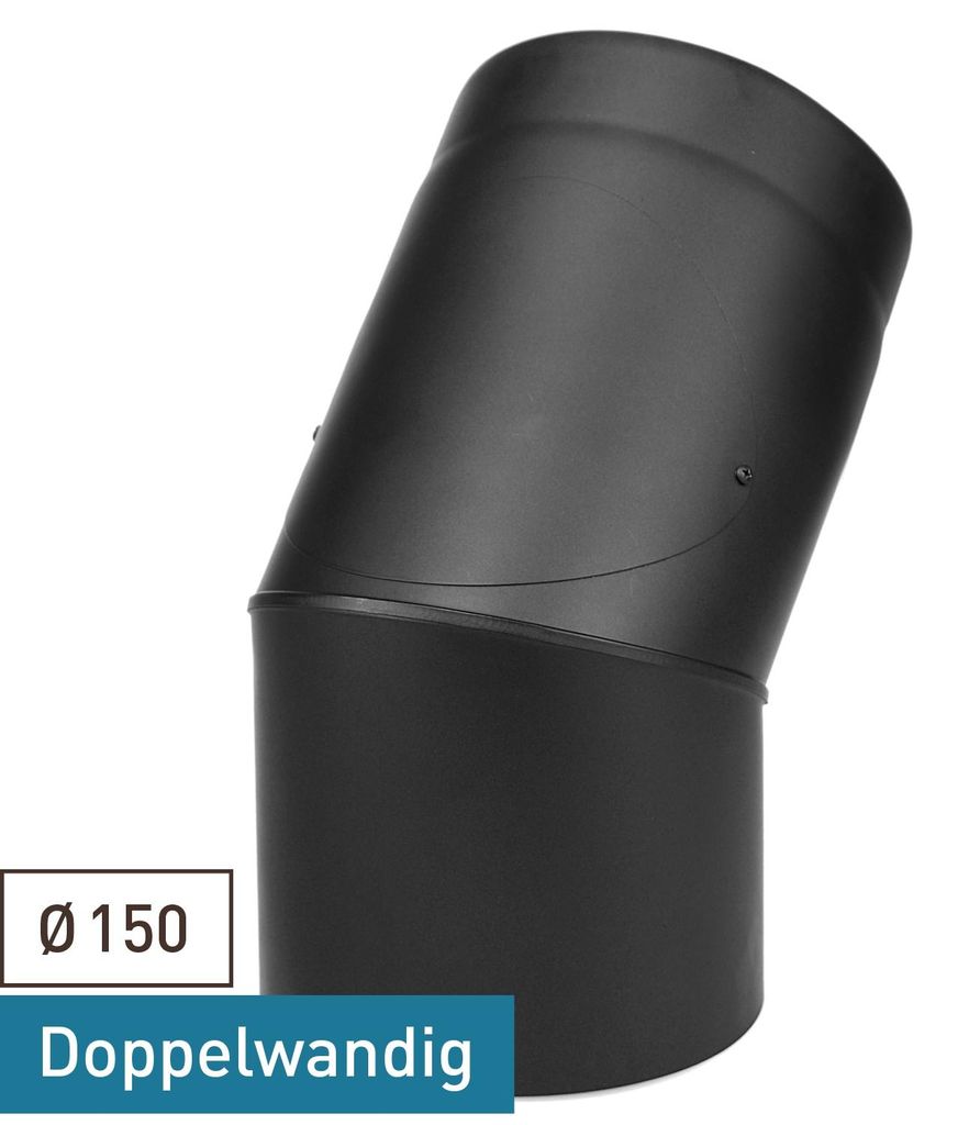 Raik Coltherm Rauchrohrbogen 150mm schwarz doppelwandig 45° mit Tür für Rauchrohr / Ofenrohr