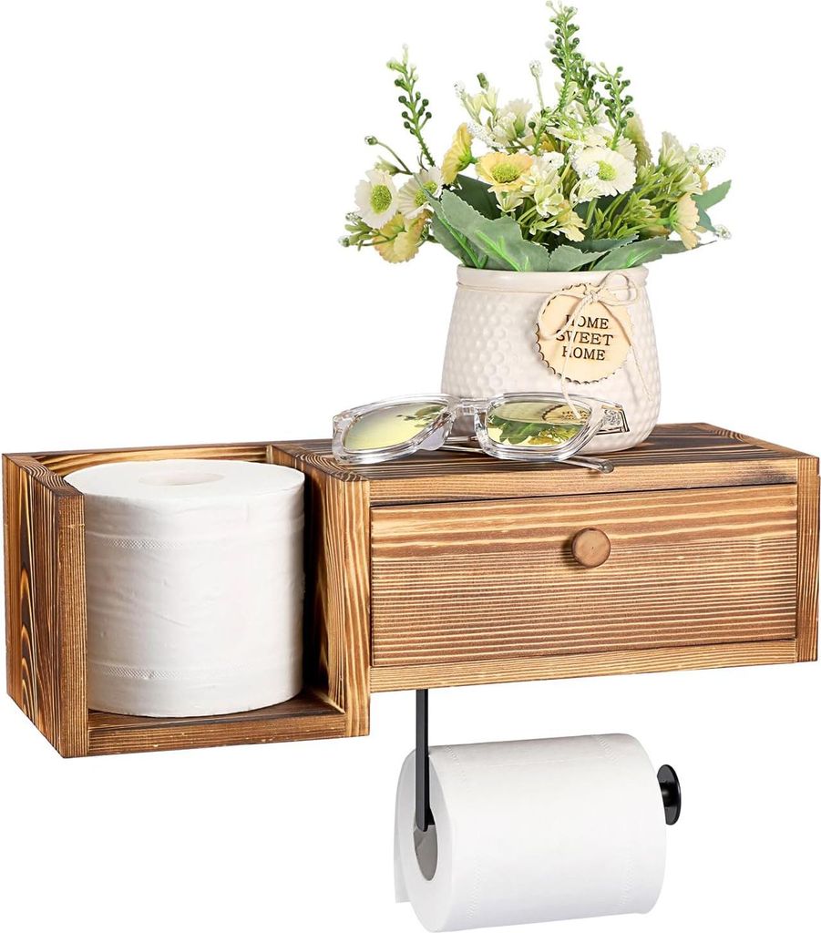 Wandmontierte Holz-Toilettenpapierhalter - mit Regal und Schublade - Organizer