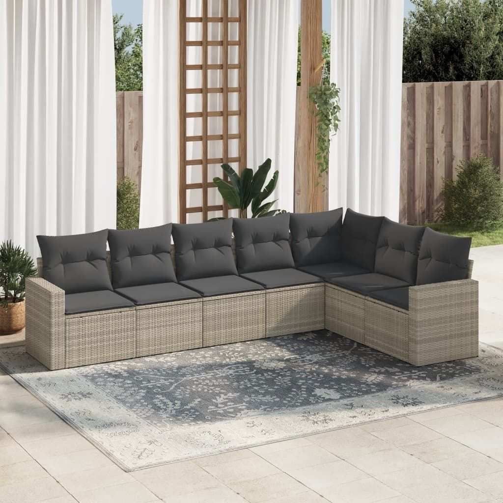 "2026 Promotion" 7-tlg. Garten-Sofagarnitur mit Kissen Hellgrau Poly Rattan - Gartenstühle CC12653