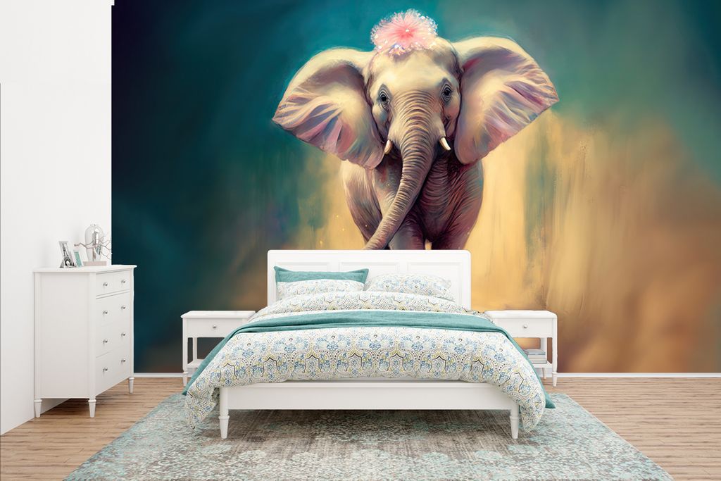 MuchoWow Fototapete für Wohnzimmer oder Schlafzimmer Wandtapete Vinyl Motivtapete Elefant - Tiere - Malen - Blumen - Porträt - Kinder - 400x240...