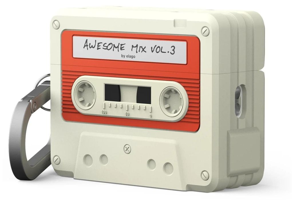 A product shot of an Apple AirPods Pro case designed to look like a retro cassette tape.