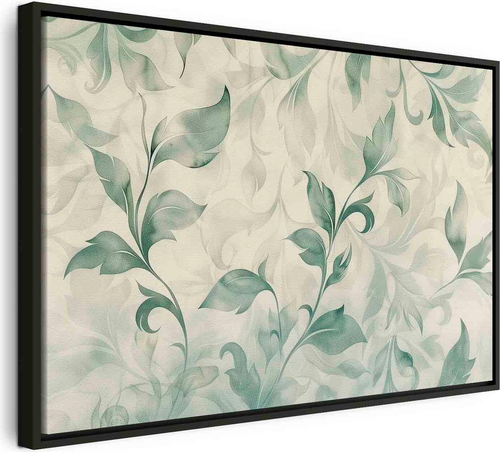 Italienischer Leinwand Leinwandbild - Watercolor Botanical Motif Delicate Green-Beige Leaves 60x40 cm Muster f-H-10016-b-a