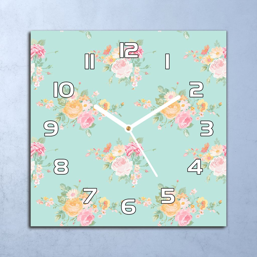 Deko Glasuhr Wanduhr 30x30 Pastell Blumensträuß Quarz Produktbild 