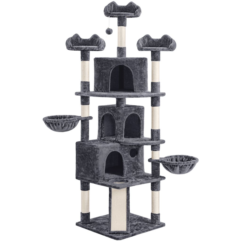 A tall, multi-level cat tree with scratching posts, perches, and enclosed cubbies, presented against a plain white background.