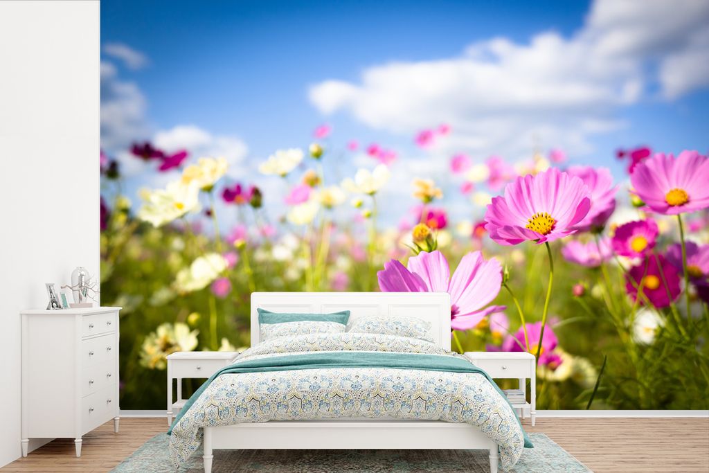 MuchoWow Fototapete für Wohnzimmer oder Schlafzimmer Wandtapete Vinyl Motivtapete Blumen - Wiese - Lila - Gras - Weiß - Wolken - Blau - 390x260...