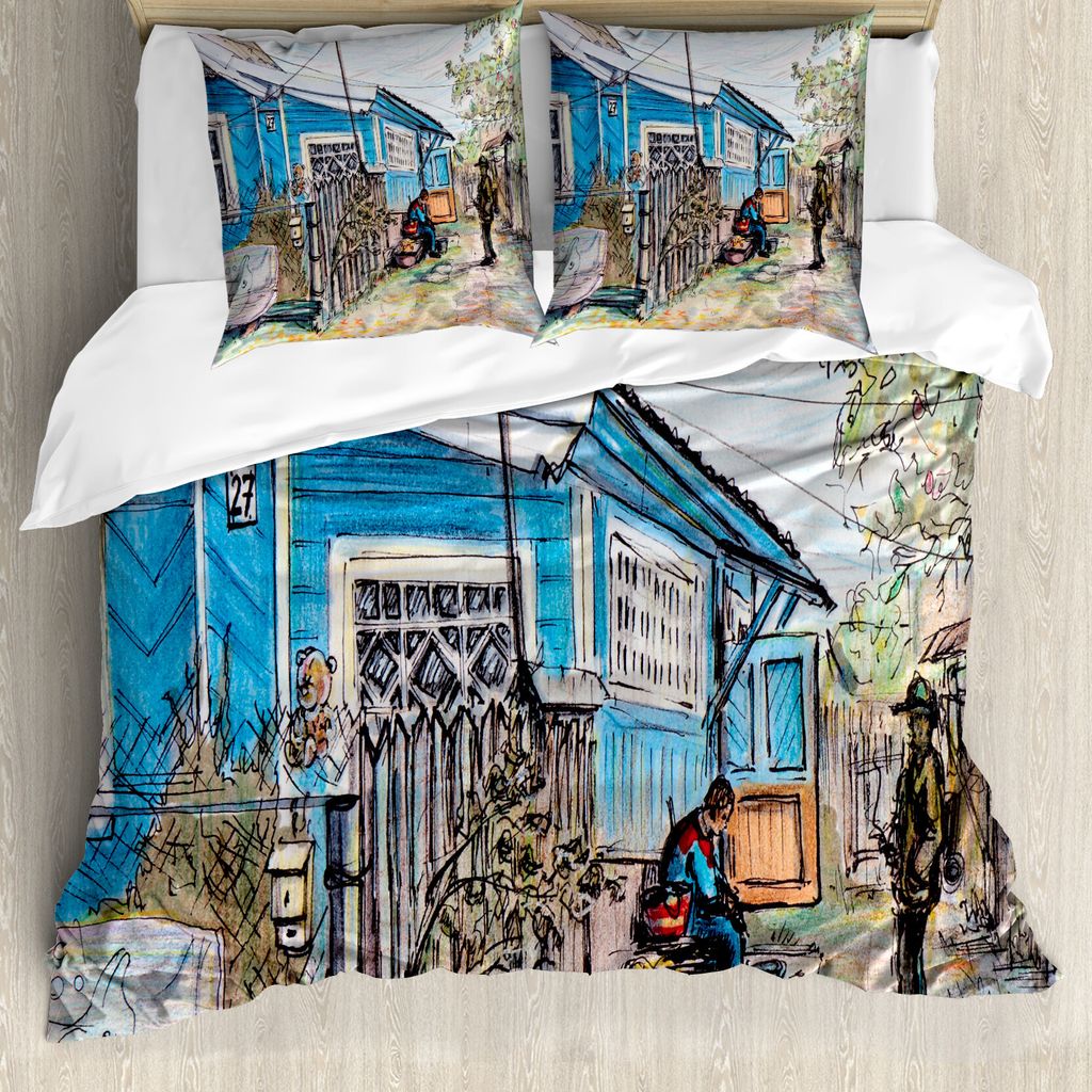 ABAKUHAUS Skizzieren Bettbezug Set für Einzelbetten, Hand gezeichneter Mensch und Haus, Milbensicher Allergiker geeignet mit Kissenbezug, 200 cm x...