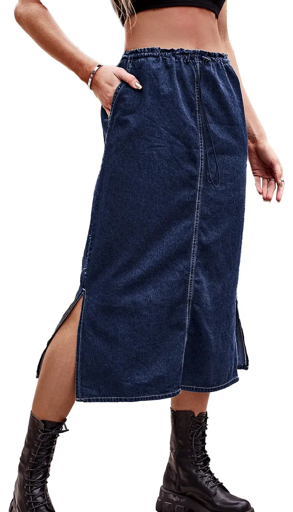 Jupe jean avec taille élastique et poches, cordon et fente, confort S