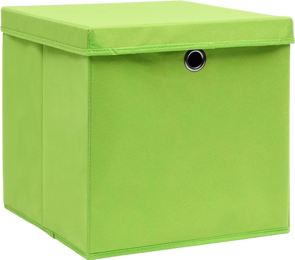 A green fabric storage box with a lid.