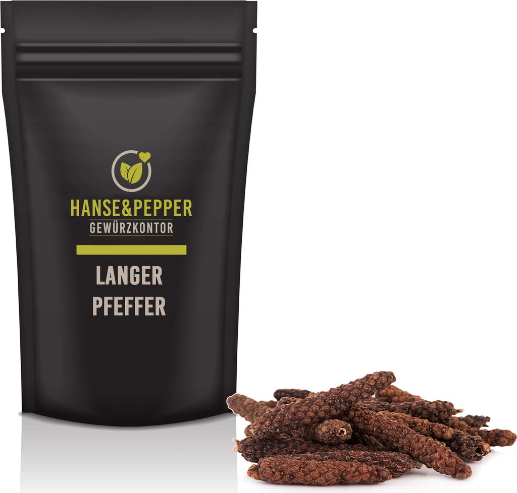 A black pouch of spices with a pile of long pepper next to it.