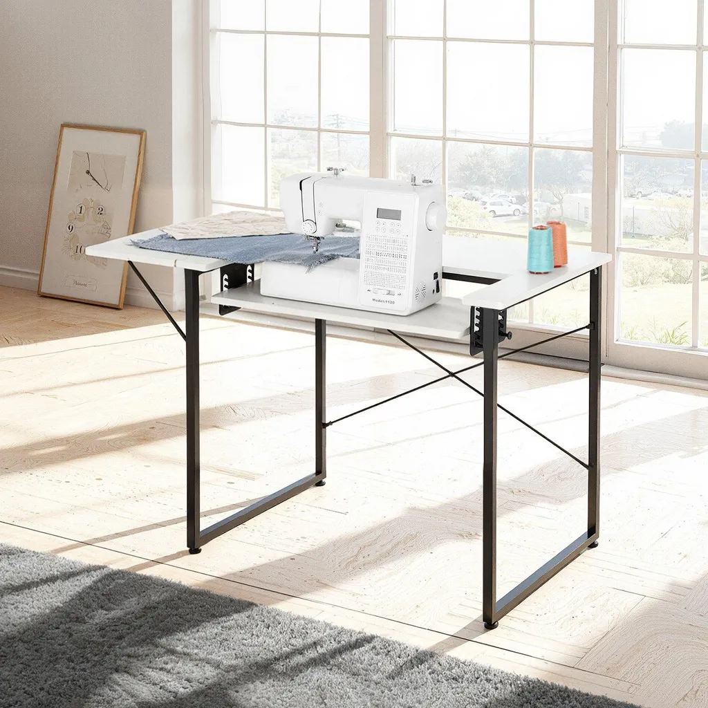 Tavolo da cucito - Tavolo per macchina da cucire - Piano ribaltabile - Ripiano regolabile in altezza - Struttura in acciaio - Salvaspazio - Per la casa e lo studio - Utilizzabile anche come tavolo per computer - Bianco - 8
