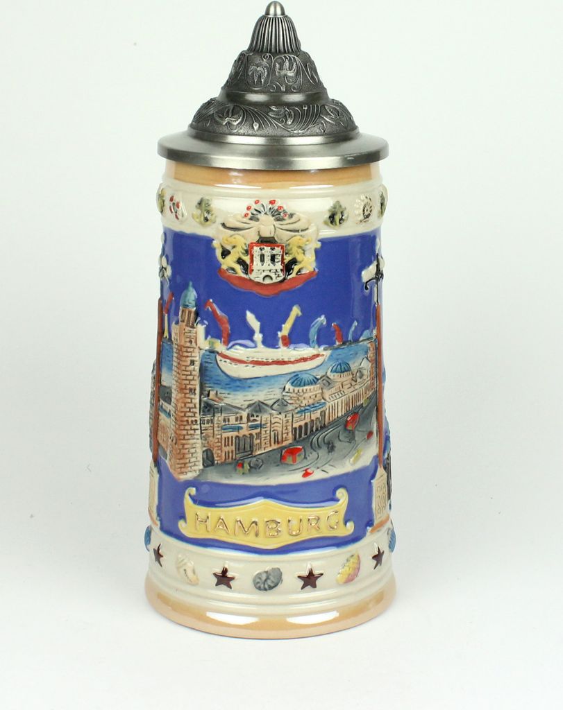 Bierkrug mit Deckel Hamburg Wahrzeichen hellblau 24 cm 0,5 Produktbild 
