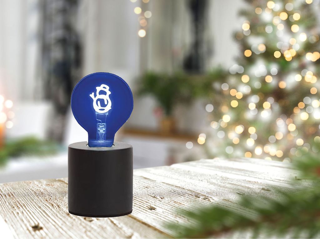 Kleine Tischlampe Beton Schwarz Ø 9cm mit Deko LED Glühbirne Schneemann Blau