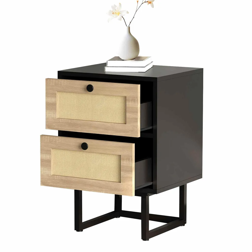 WAOHO Table de Nuit en Rotin avec 2 Tiroirs - Commode de Nuit 57cm
