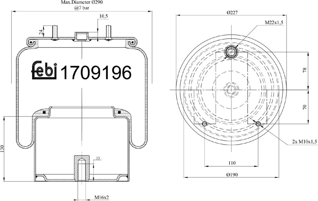 FEBI BILSTEIN Luftfederbalg 170919 Hinten für DAF CF 272 525mm 227 190mm