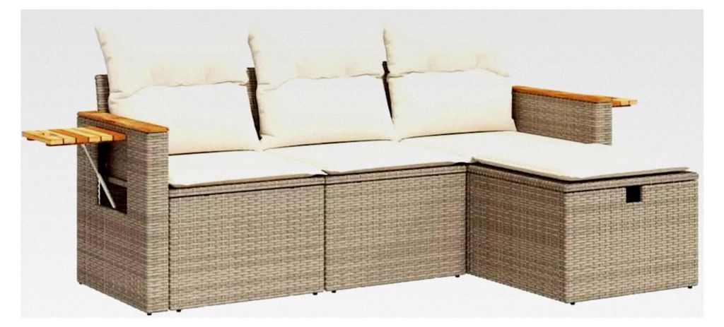 4-teiliges Garten-Sofagarnitur mit Kissen in Beige aus Poly Rattan, Outdoor Sofa Set, Garten-Lounge-Set