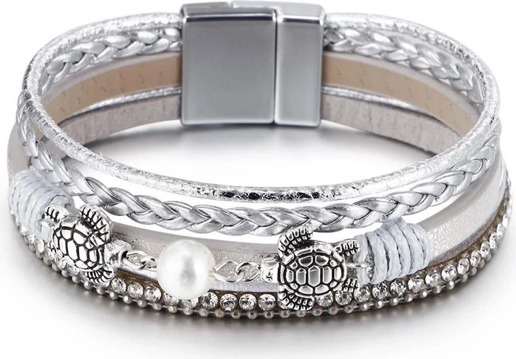 Bijou bracelet femme style bohème en argent, perle et tortues 19cm