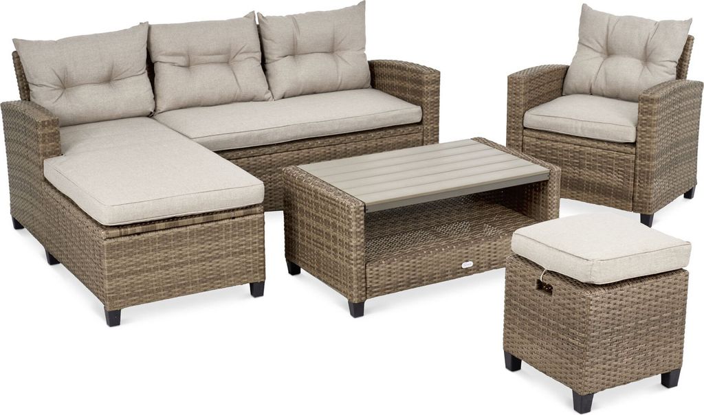 An outdoor lounge set with a sofa, armchair, coffee table, and ottoman.