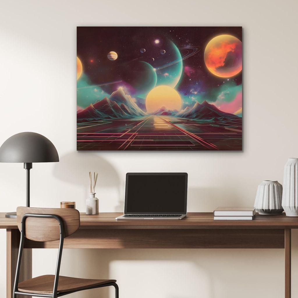 MuchoWow Wanddekoration Metall Metallbild Wandkunst 80x60 cm Planeten - Neon - Berglandschaft - Sonne MuchoWow Aluminium Gemälde - Alubild