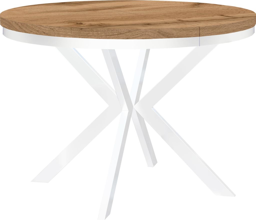 Runder Ausziehbarer Tisch für Esszimmer ENDIK mit Ring-Gestell und Metallbeinen, Durchmesser: 90 / 140 cm, Farbe: Eiche Wotan / Weiß