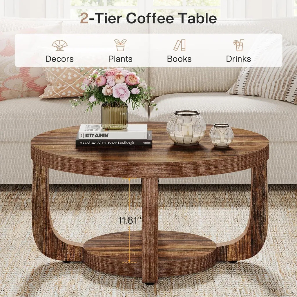 Table Basse Ronde Plateau Épais et Double Rangement Marron Rustique 80cm - 8