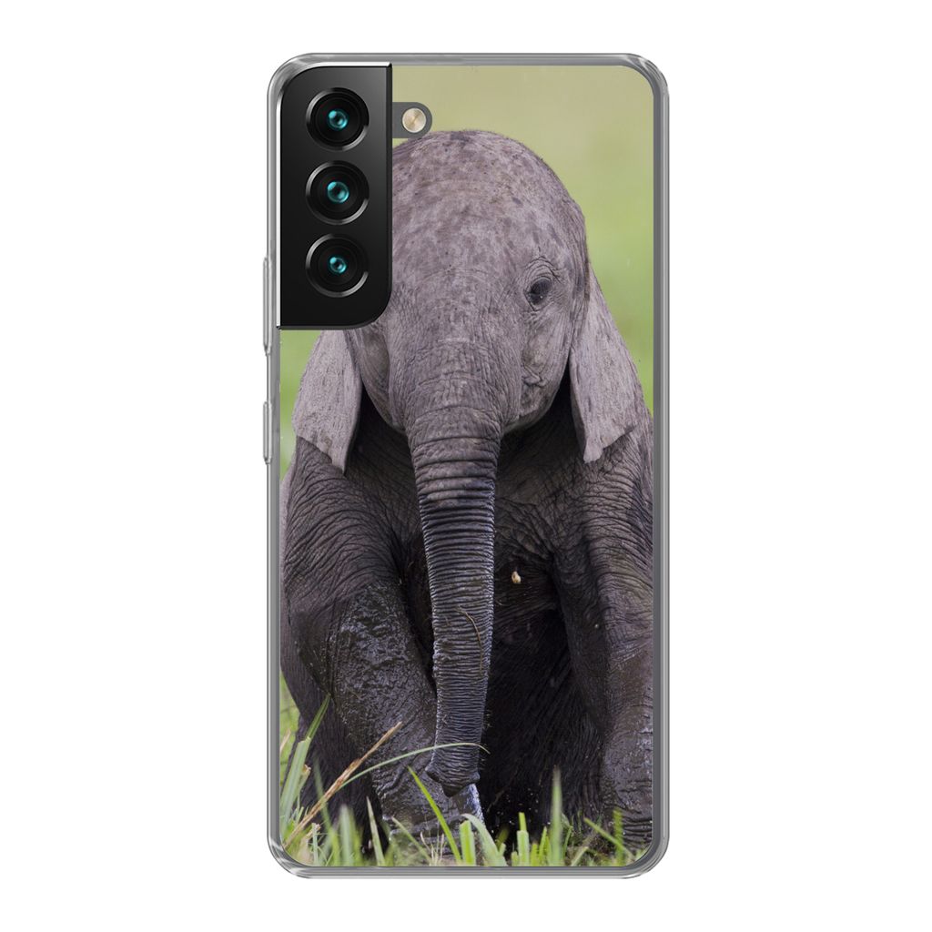 MuchoWow Handyhülle Schutzhülle Hülle für Samsung Galaxy S22 Elefant - Baby - Tiere - Gras - Natur Silikon Softcase Handy Hülle - Mobiltelef...