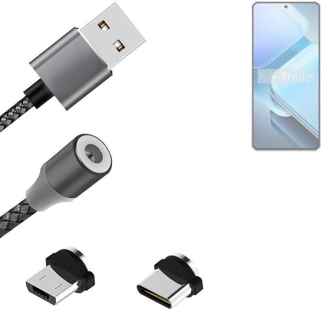 K-S-Trade Hochwertiges Magnet-Lade-kabel Sync-Kabel Daten-Kabel für Vivo iQOO Z9 mit USB-Typ-C-Anschluss und Micro-USB-Anschluss 2A bis zu 480mbps