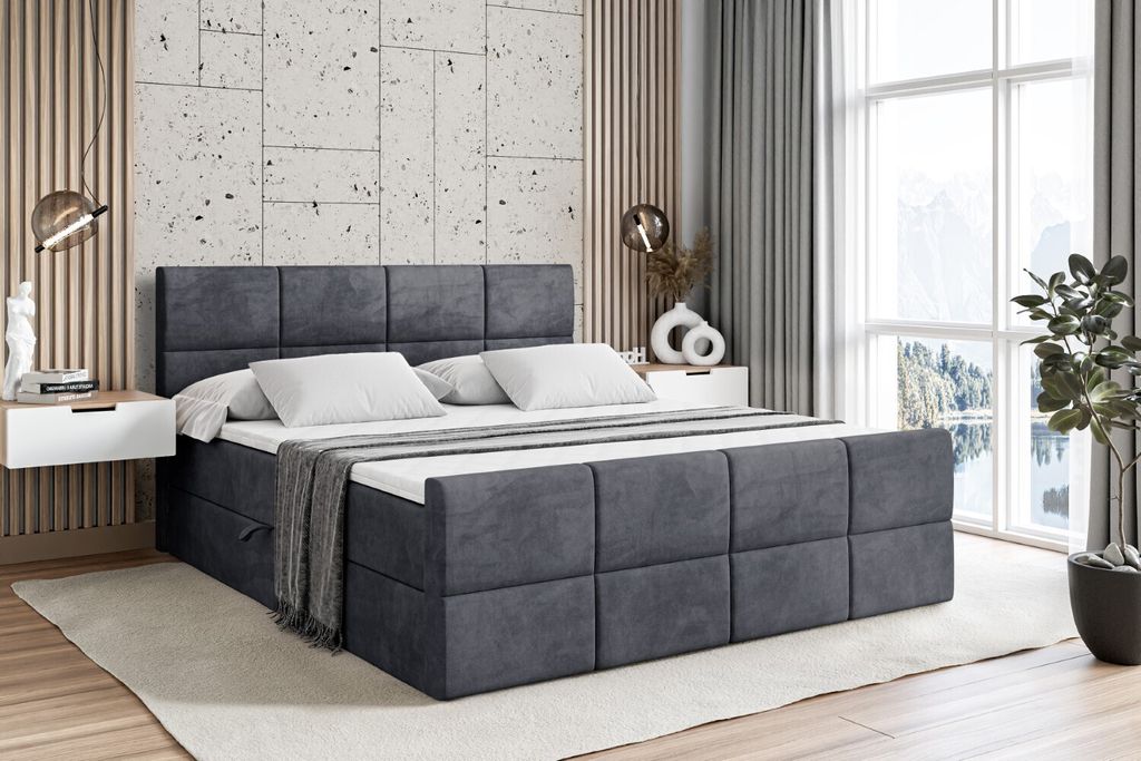 ALTDECOR Boxspringbett mit Fußteil, H3 Matratze und Topper - 160x200 cm - ARDENI-Z - Dunkelgrau Samt - Polsterbett mit Bettkasten und Lattenrost, ...