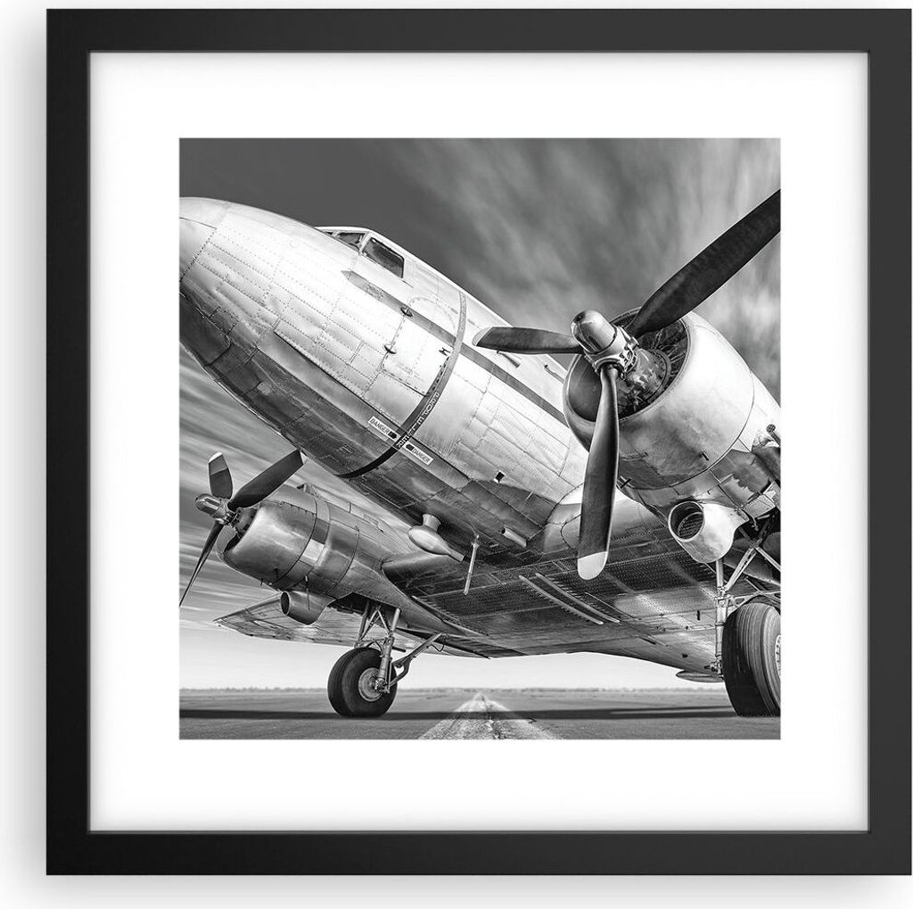 Gerahmtes Poster - Schwarzer Rahmen - Flugzeug Retro Flugzeug - 30x30 cm - Wand Bild - Wanddeko - Wandbilder - Kunstposter - Wandposter - Bilderrah...