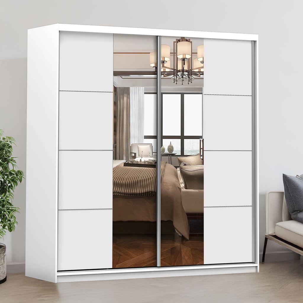 Schwebetürenschrank Kleiderschrank Schrank 203cm Weiß/Weiß Produktbild 1