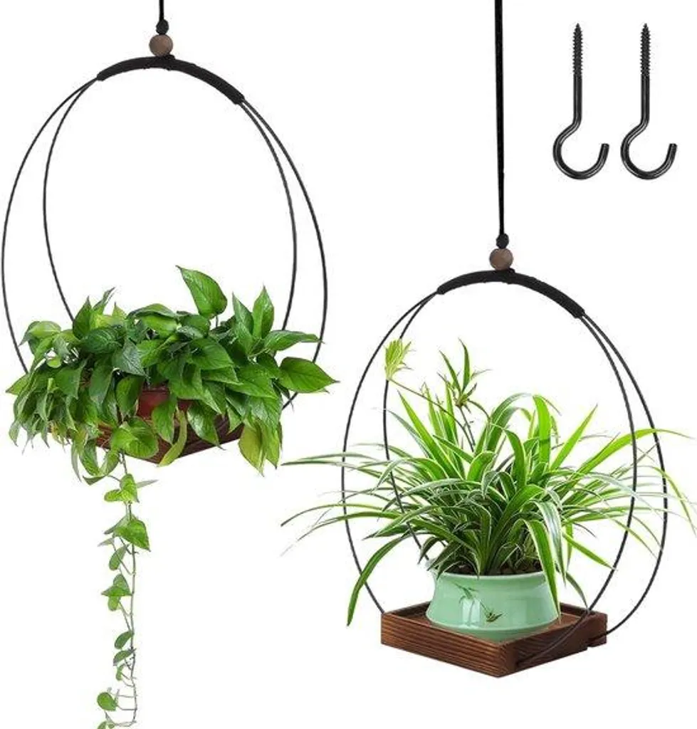 Support plante suspendu noir anti-encombrement avec socle bois et crochet