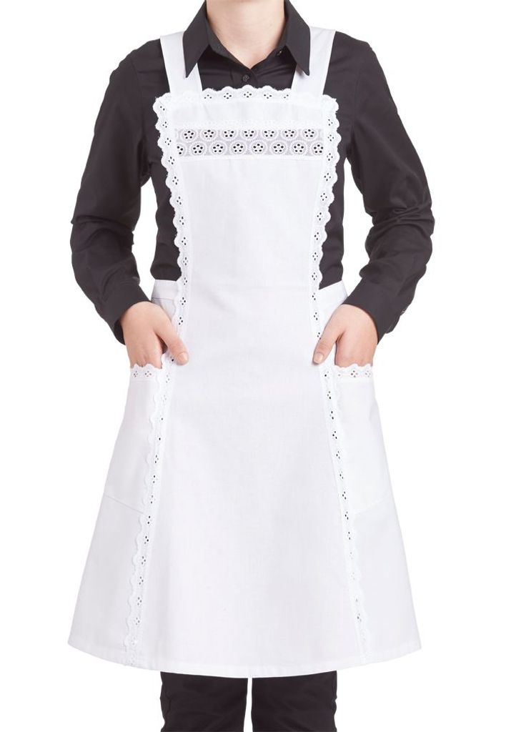 A person wearing a black shirt and a white apron with lace trim.