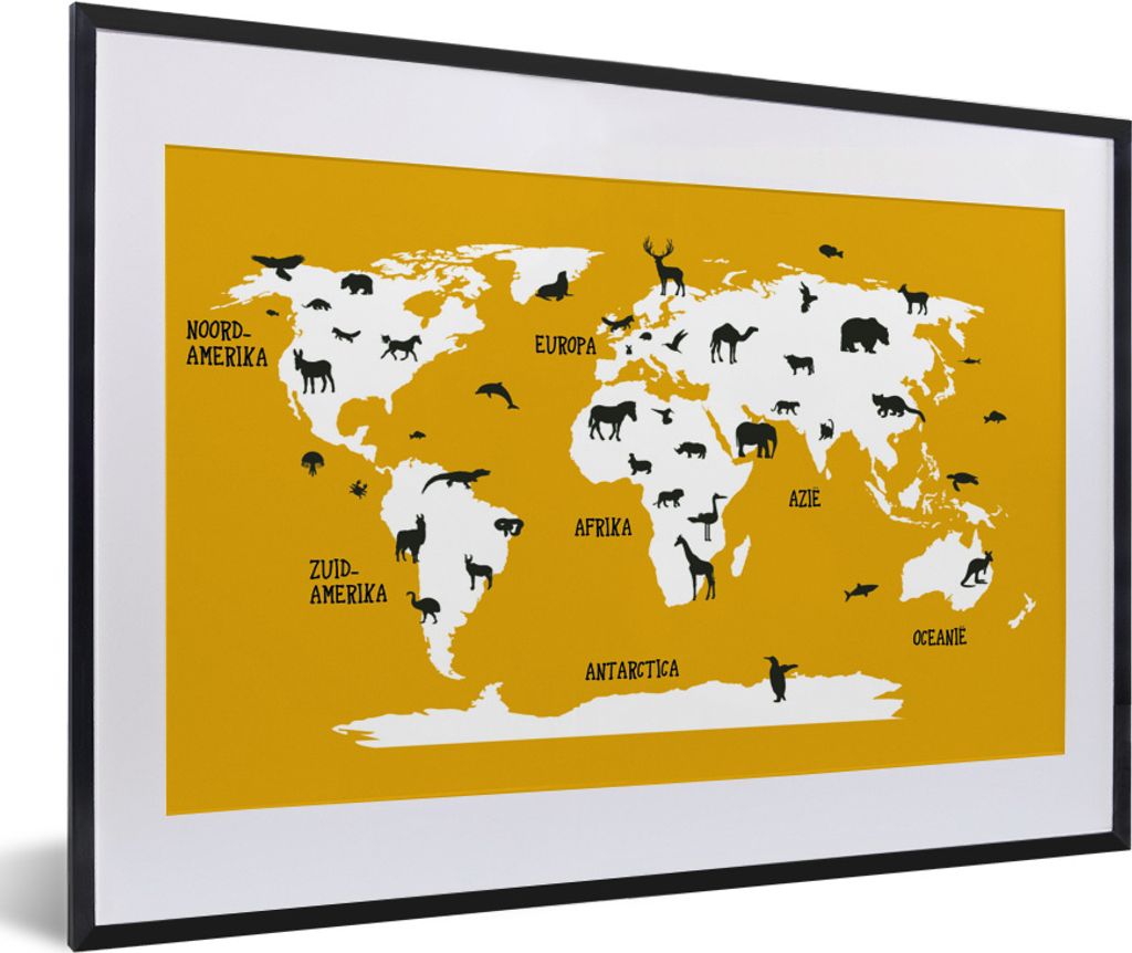 MuchoWow MuchoWow Gerahmtes Poster Weltkarte Kinder - Tiere - Gelb 60x40 cm - Poster mit zchwarzem Bilderrahmen - Schlafzimmer - Plakat in Rahm...