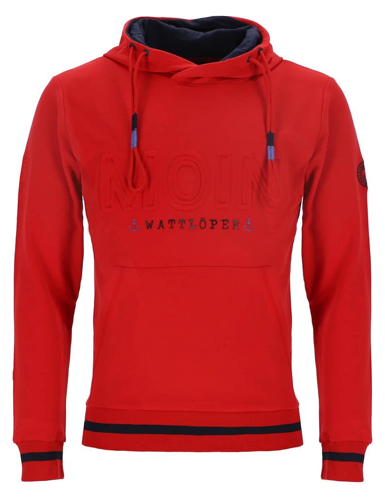 Wattlöper Herren Sweathoody mit Moin-PopUp - Modischer Kapuzenpullover mit Kängurutasche in Rot Größe M