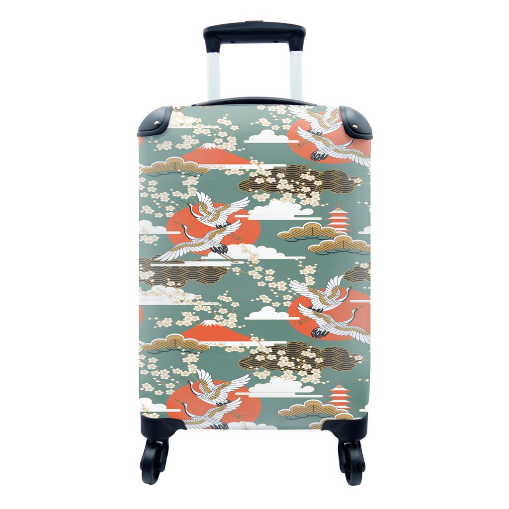 MuchoWow Koffer Handgepäck Trolley Rollkoffer Kleine Reisekoffer mit 4 Rollen - Kranich - Sakura - Sonne - Muster - Cabin Size < 55x40x23 cm & 5...